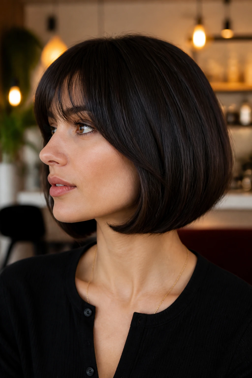Close up portrait of a real woman with beveled-in French bob in warm light