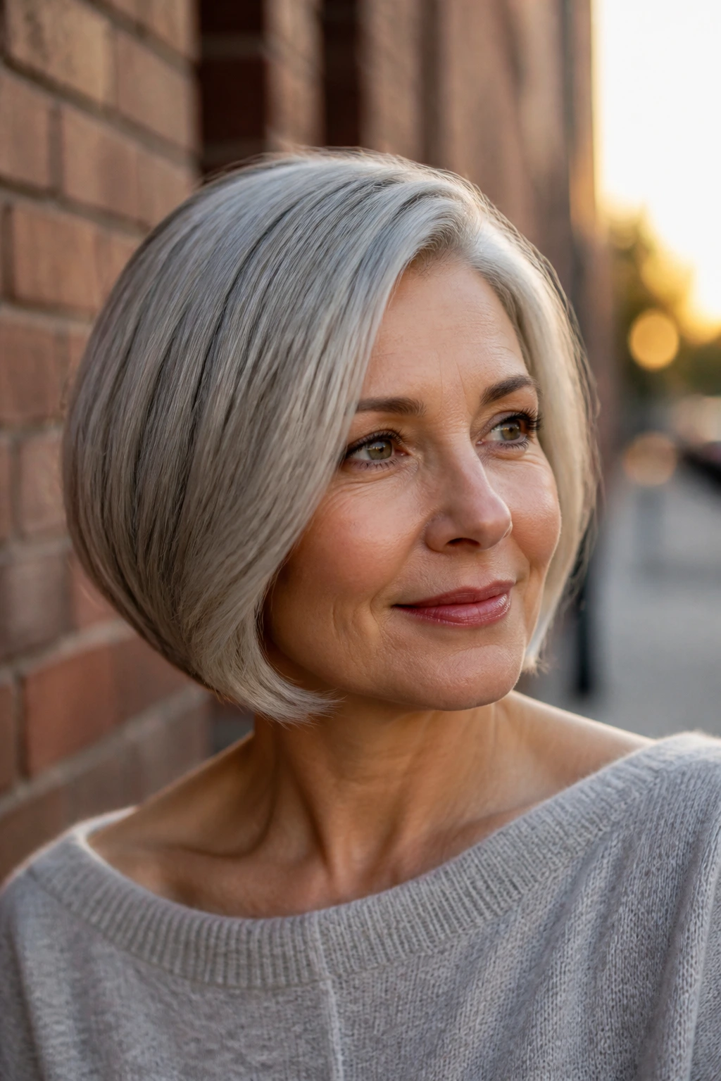 Close-up portrait of a real woman with a beveled jaw-length bob against an urban brick wall.
