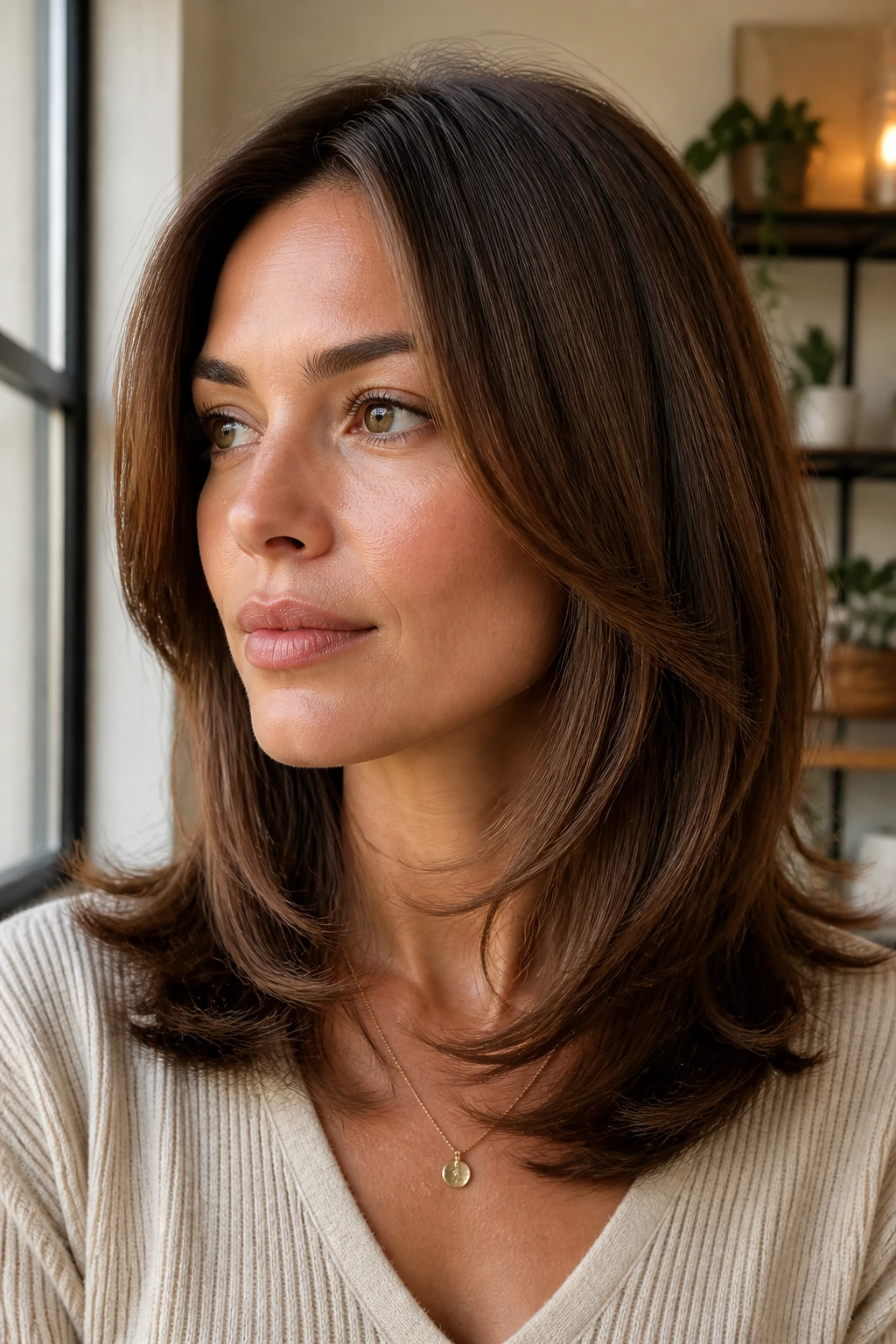 Close-up of a real woman with beveled layers curling under