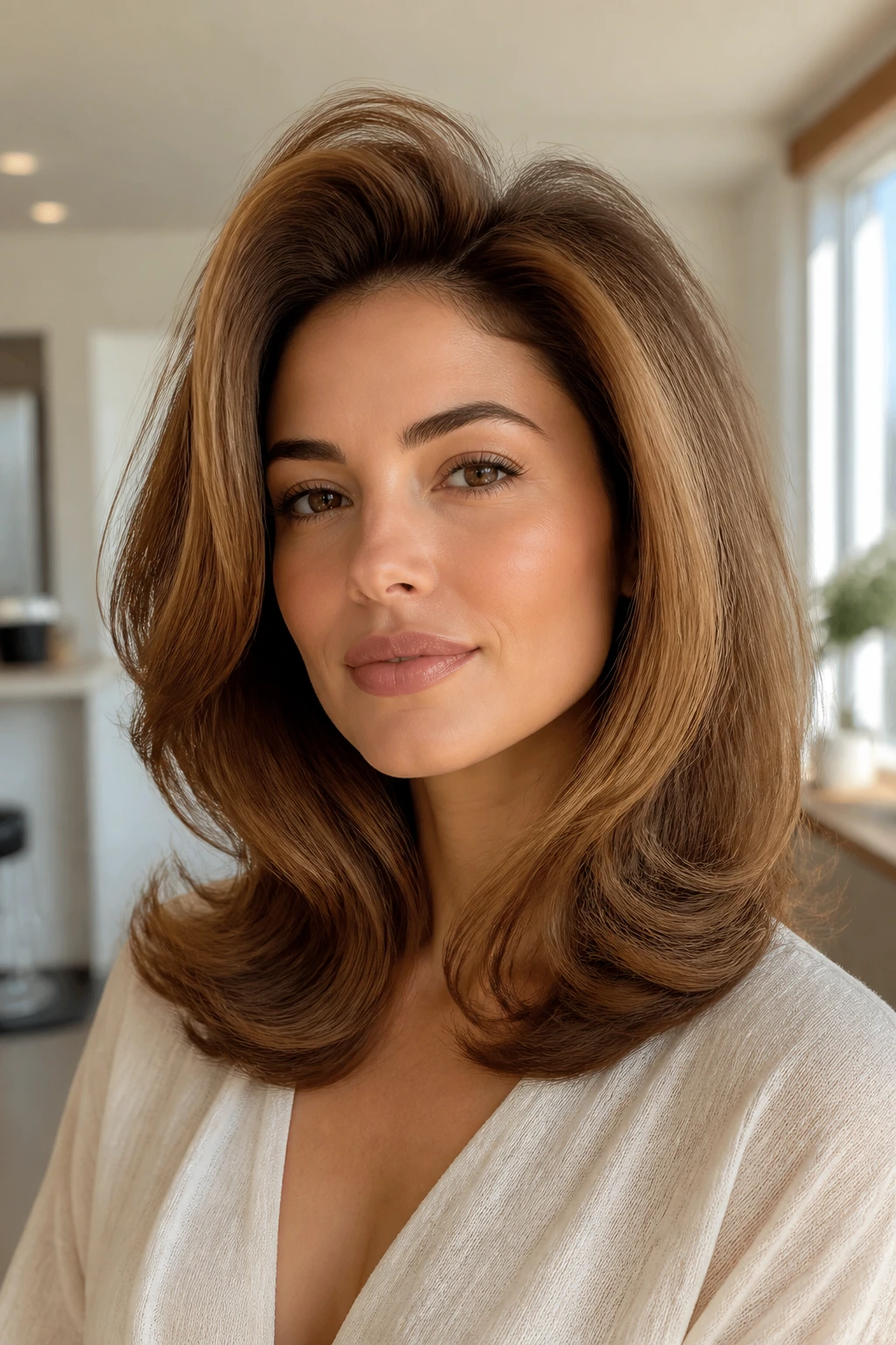 Close-up of a real woman with a big blowout and curled-under ends