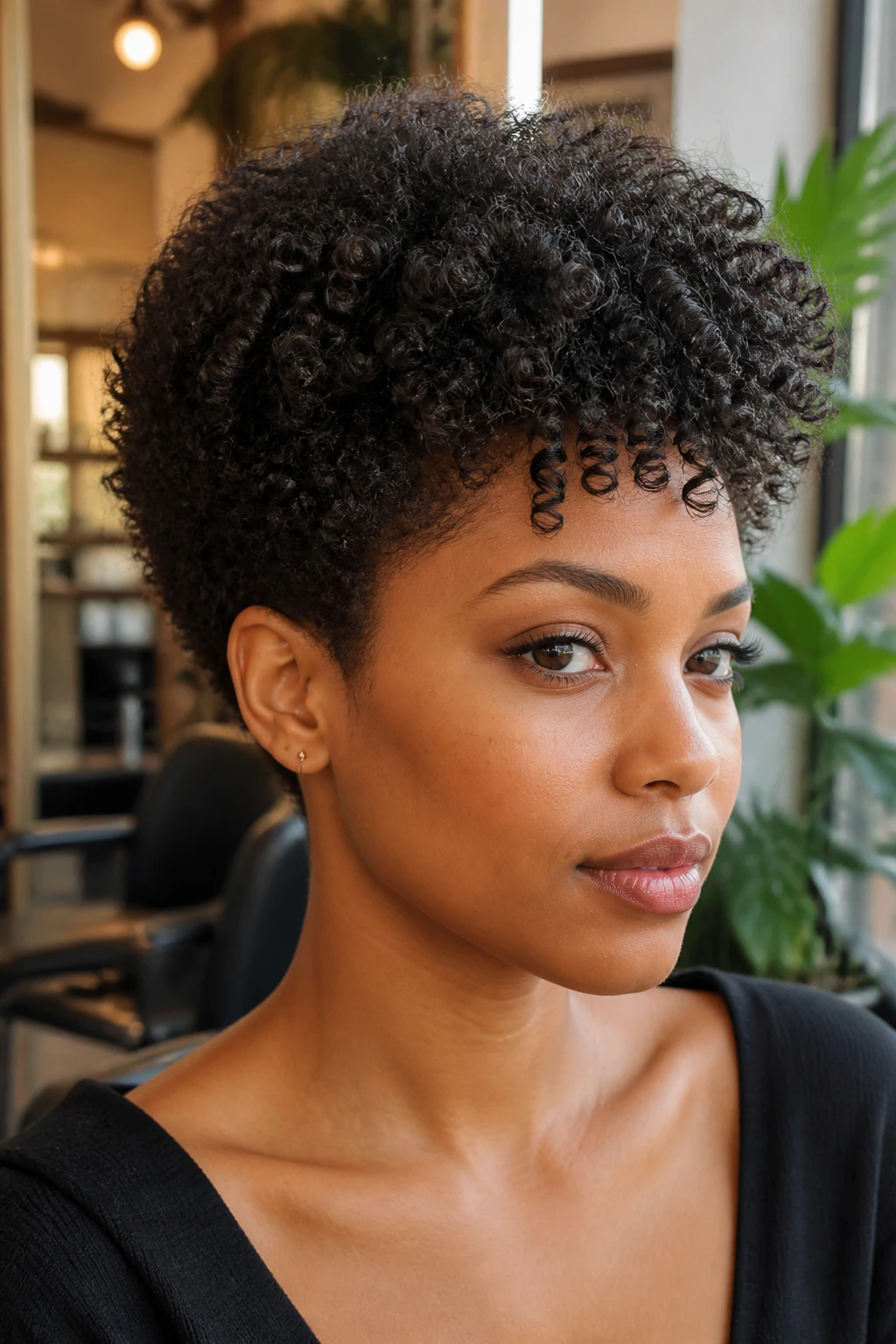 Close-up portrait of a person with a freshly cut Big Chop Shape hairstyle in warm salon light