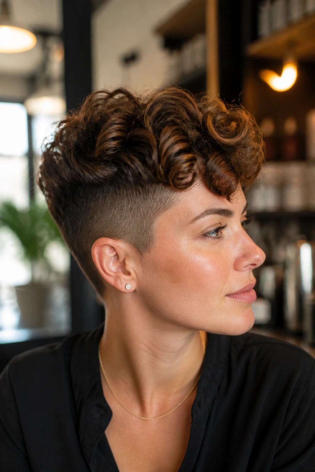Close-up of a real woman with big curl crown and cropped sides in a cafe