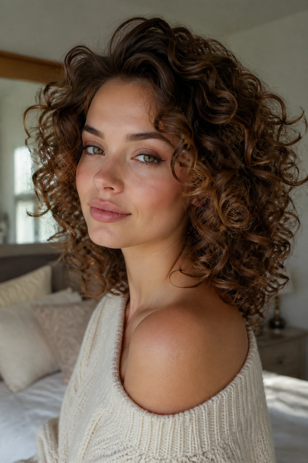 Portrait of real woman with big curls on medium-length hair