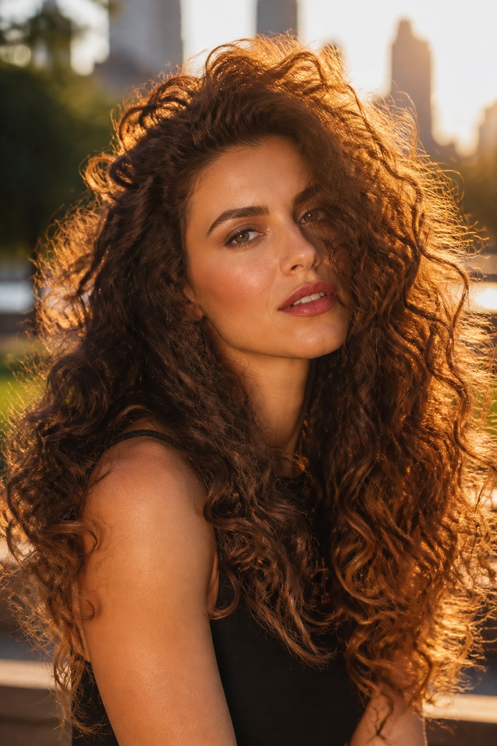 Close-up portrait of a real woman with voluminous long curly hair outdoors at golden hour