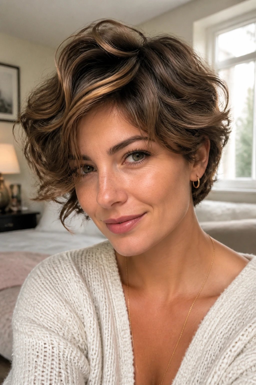 Close-up of real person with bigger-looking short wavy hair