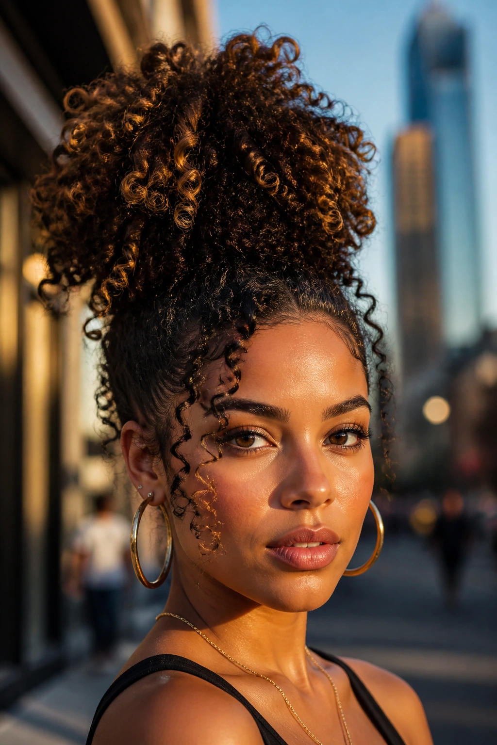 Close-up of a real woman with a tall crown puff in an urban outdoor setting