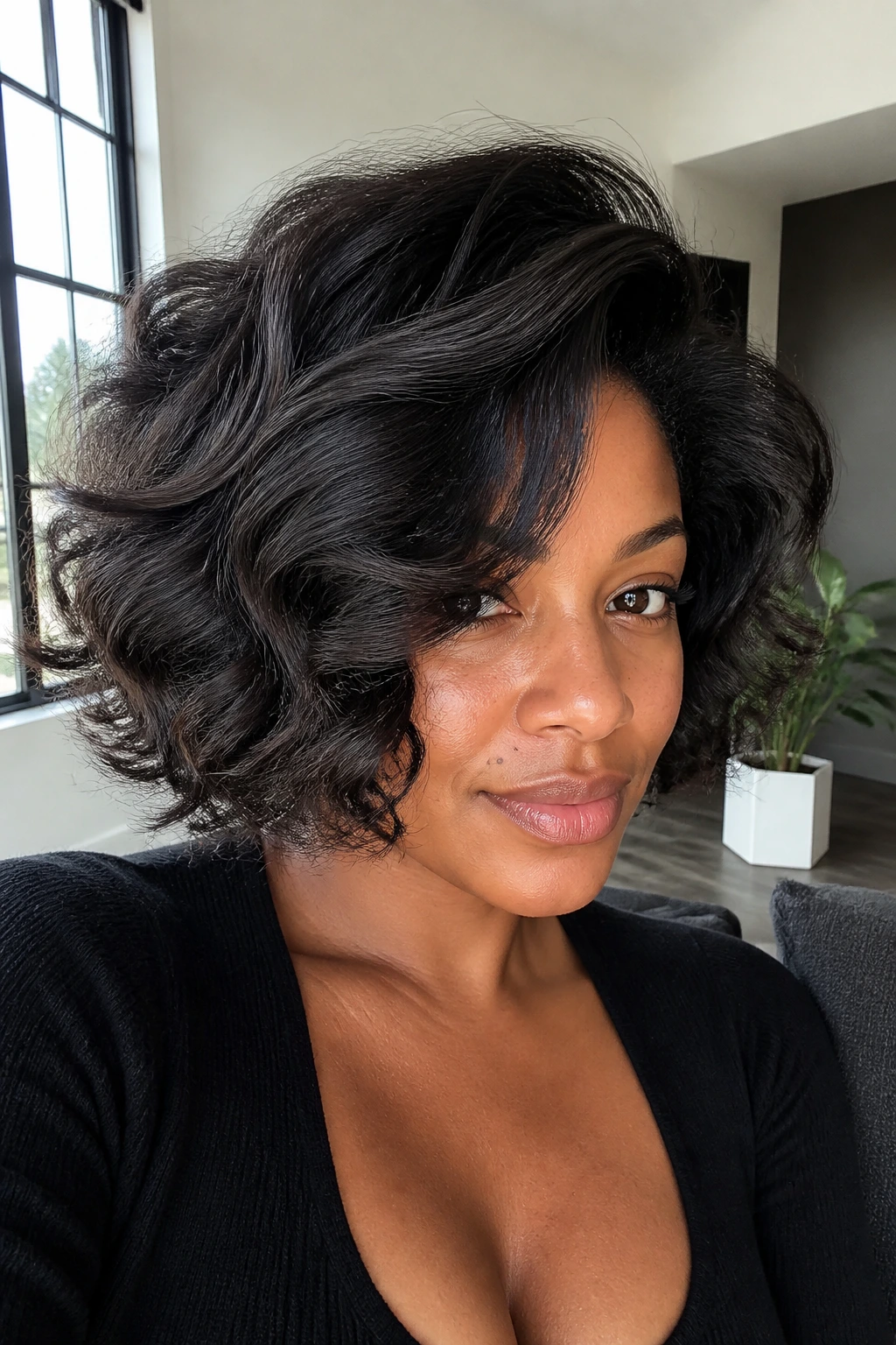 Close-up of a Black woman with a big-volume bob and deep layers
