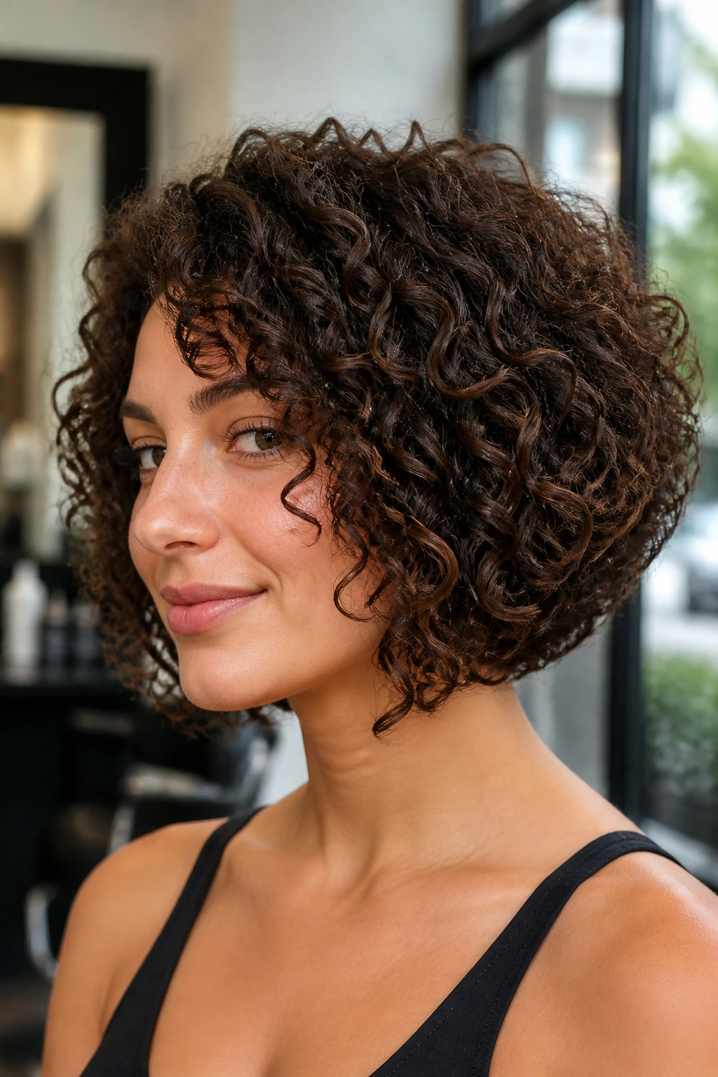 Close-up of a real woman with a big-volume inverted bob for an oval face in a chic salon