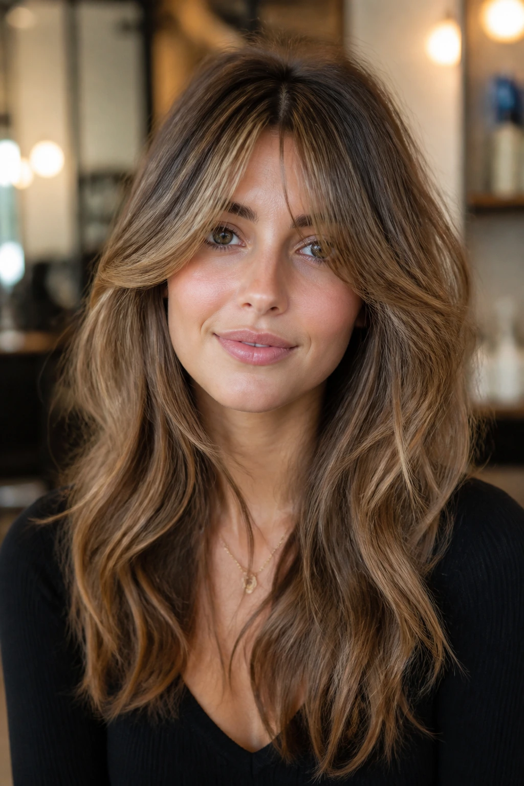 Portrait of woman with big-volume layers and brushed-out fringe