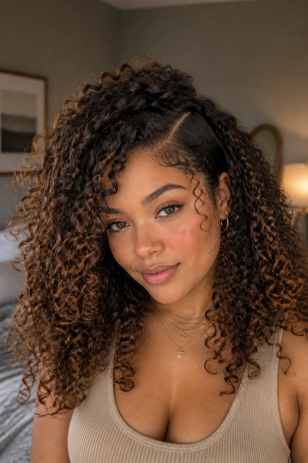 Close-up portrait of a biracial woman with round face and curly hair showing crown height and diagonal part
