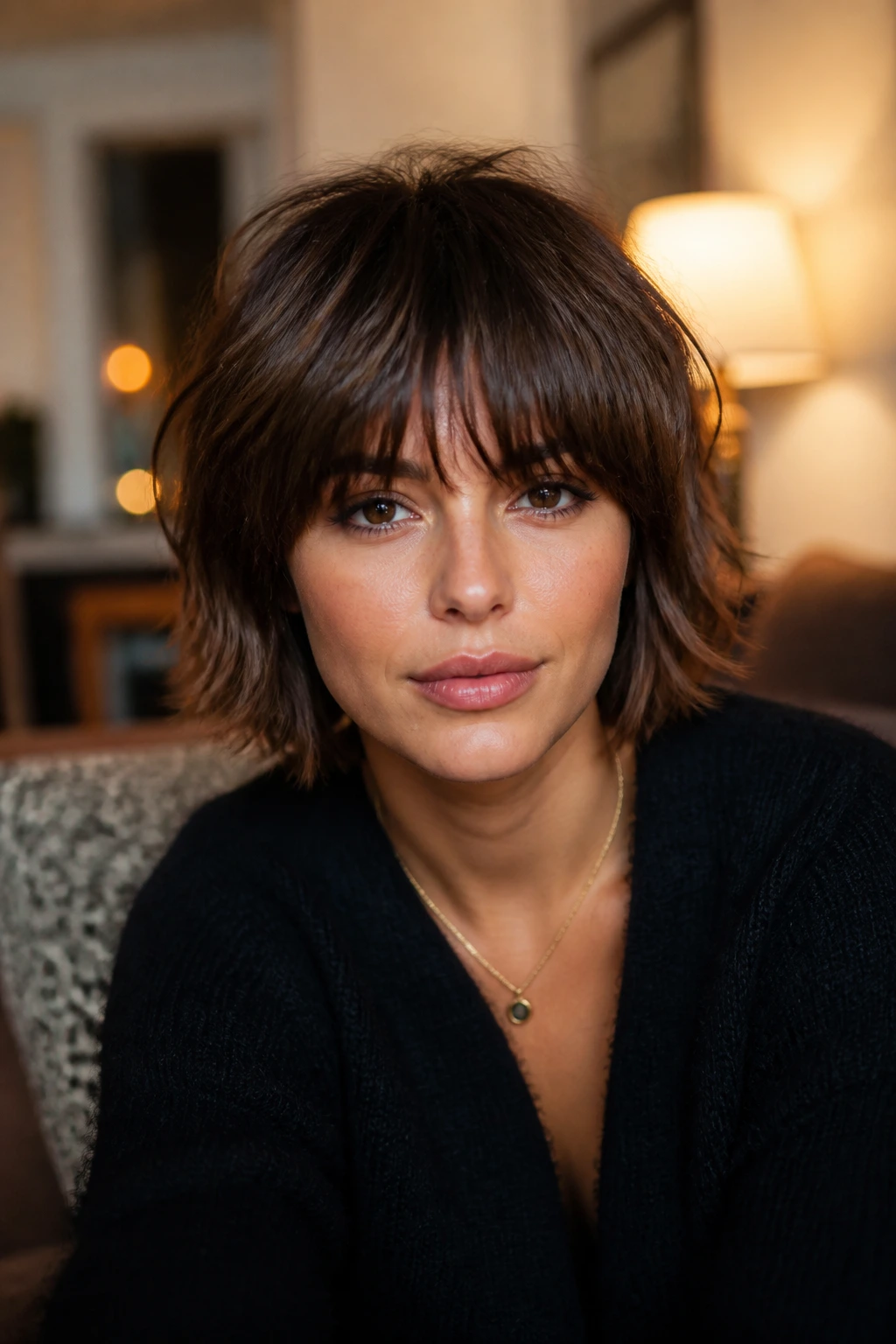 Close-up portrait of a real woman with Birkin-Bang shag fringe skimming lashes