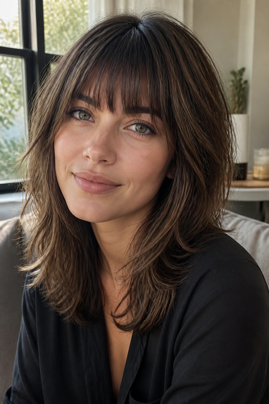 Close-up portrait of a person with Birkin bangs and airy layers