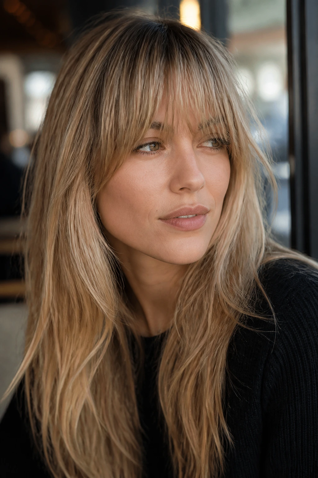 Close-up of a real woman with Birkin bangs in champagne blonde by a cafe window