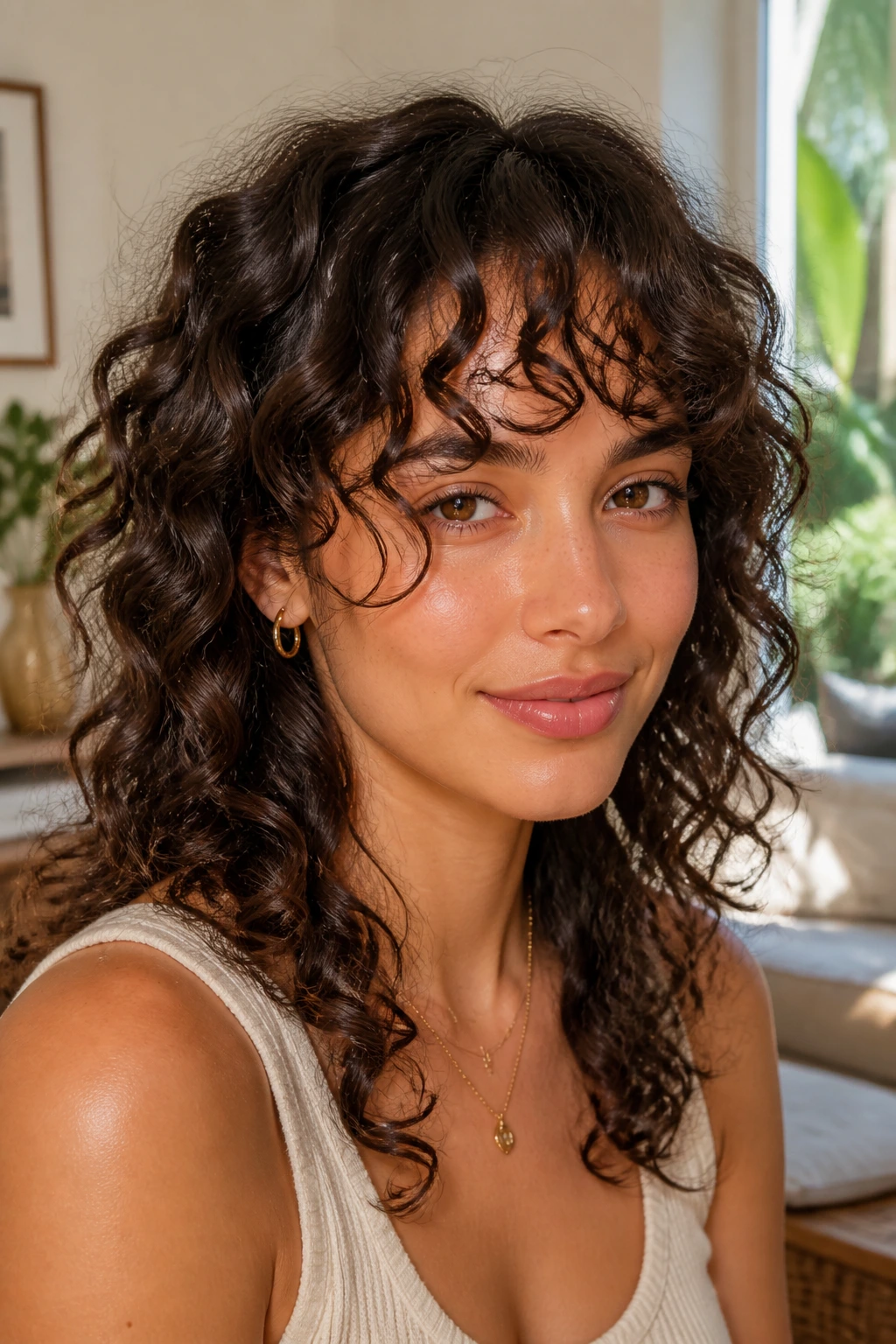 Close-up of curly Birkin bangs with soft separation
