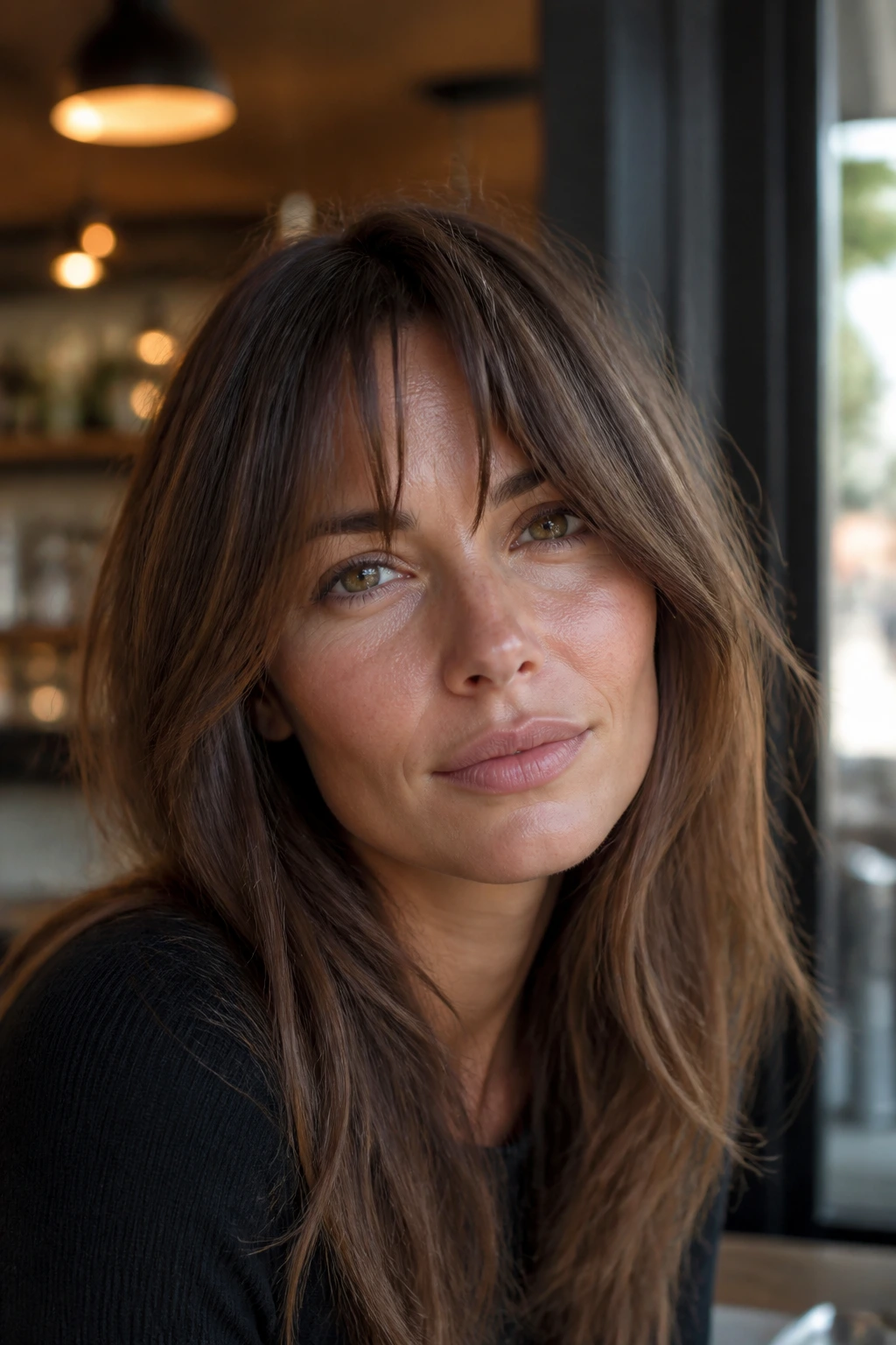 Close-up portrait of a real woman with long Birkin bangs and fuzzy finish in warm light