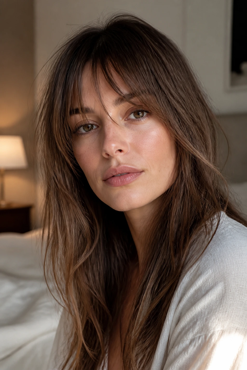 Close-up of a real woman with light Birkin bangs and a soft edge, natural window light