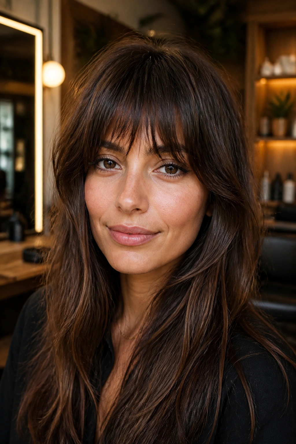 Close-up portrait of a real woman wearing Birkin-inspired choppy fringe with fuller top line in warm lighting.