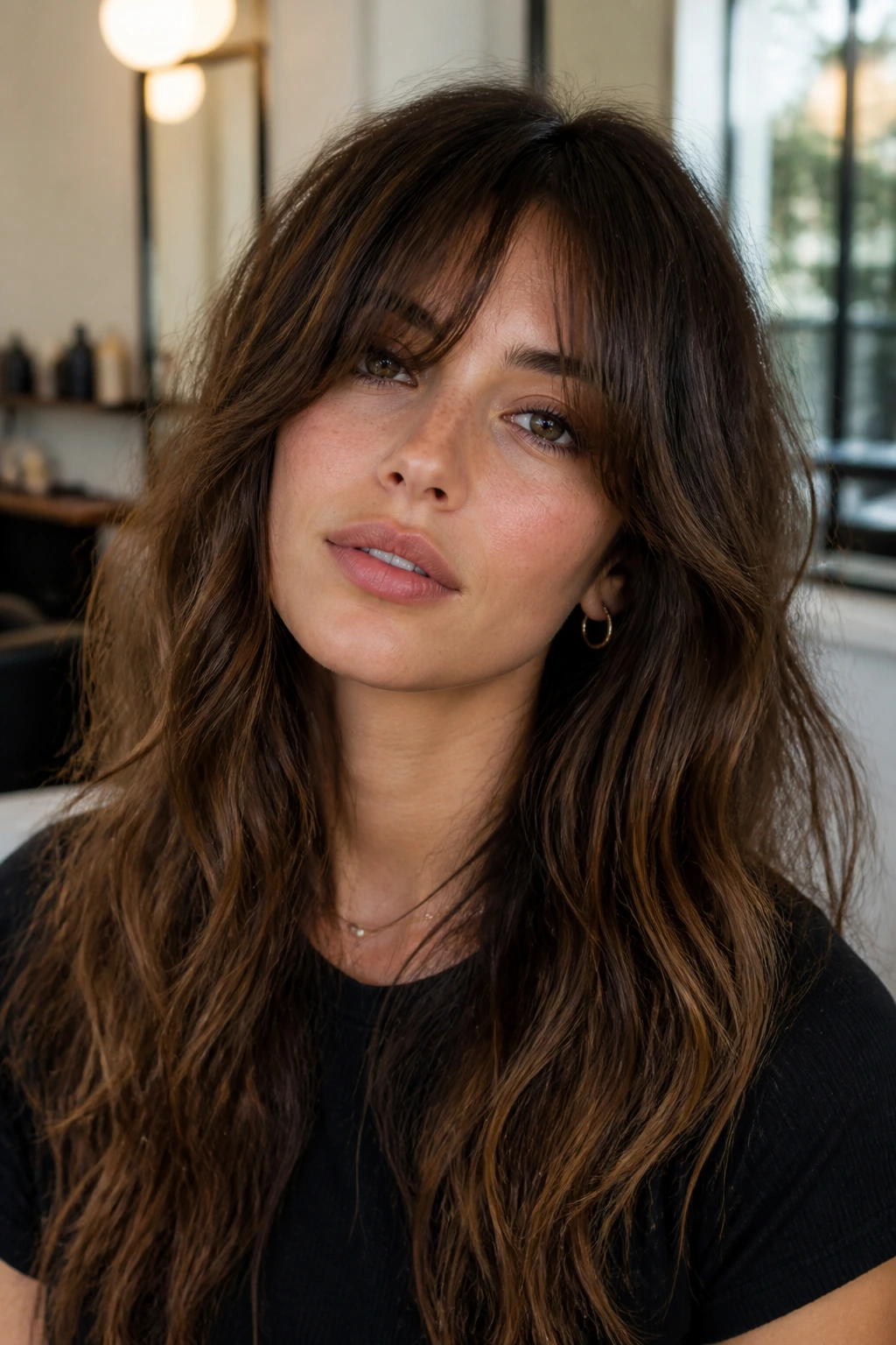 Portrait of a woman with Birkin-inspired long fringe on a real head