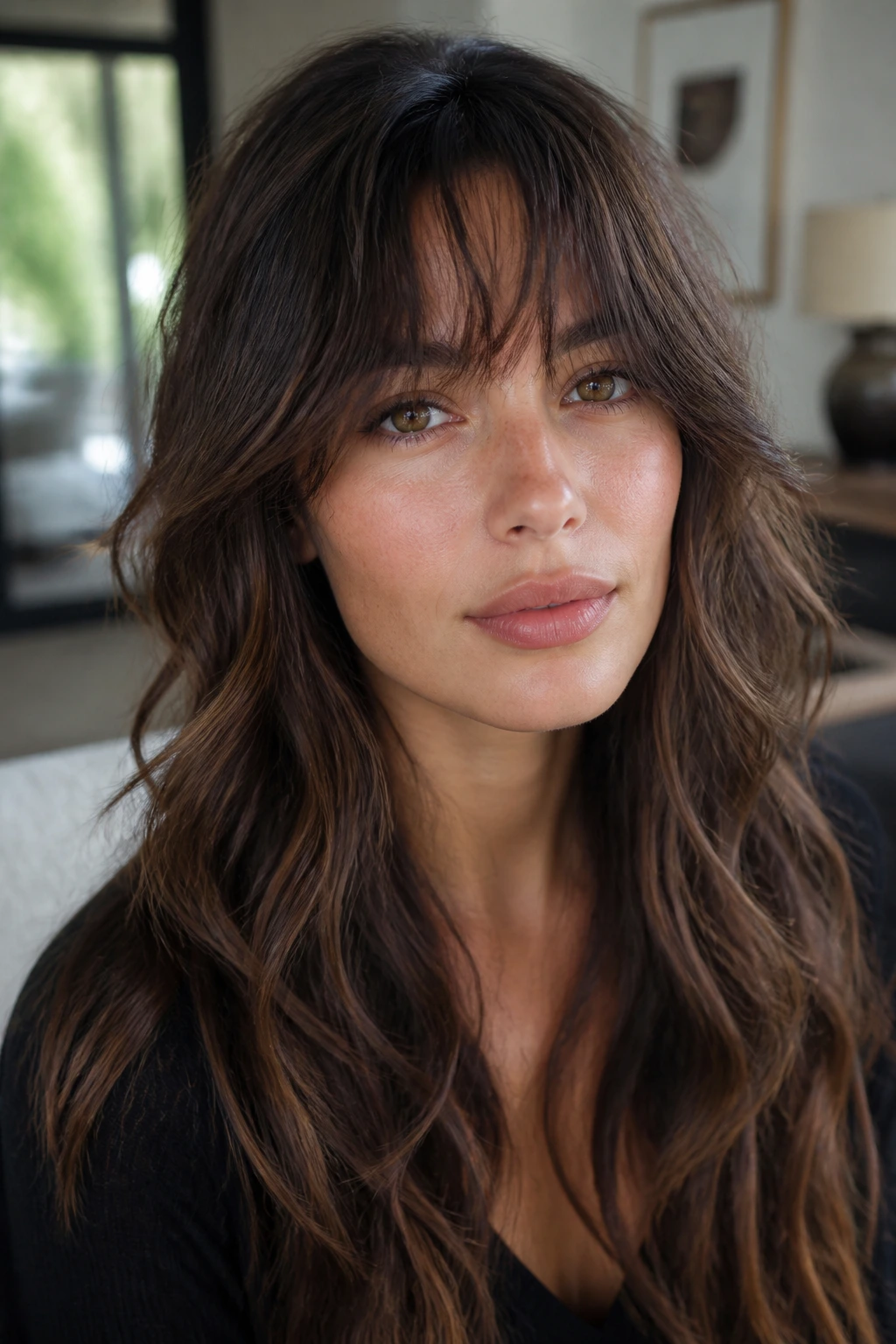 Close-up of a real woman with Birkin-inspired soft bangs in chic room lighting