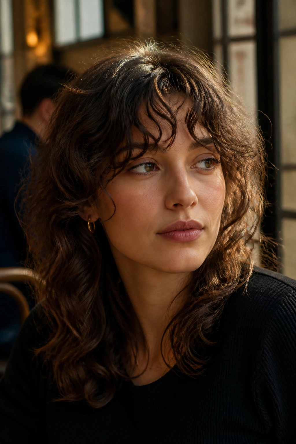 Close-up of a real woman with fuller Birkin-inspired curly bangs in a Parisian cafe setting