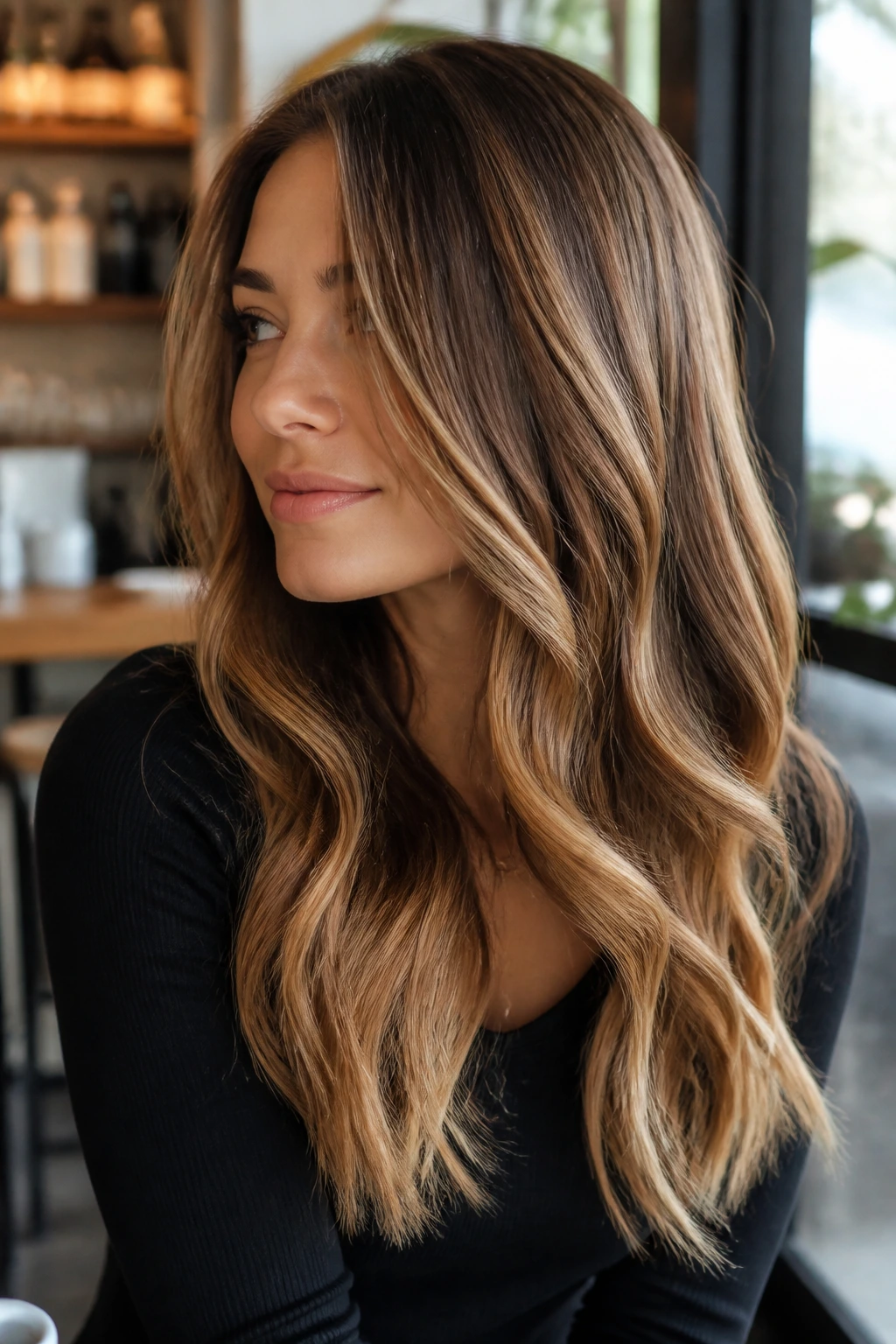 Close-up brunette with biscotti blonde babylights, warm and textured hair.