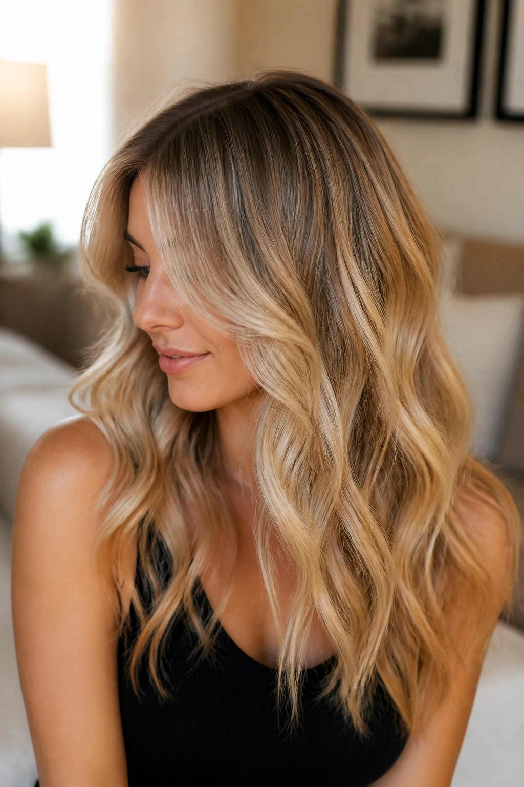 Close-up portrait of a real woman with biscotti blonde balayage