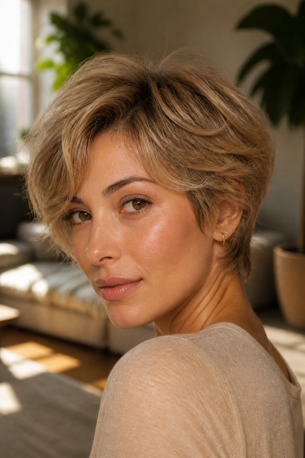 Close-up of real woman with biscotti blonde bixie haircut on olive skin in warm sunlit setting