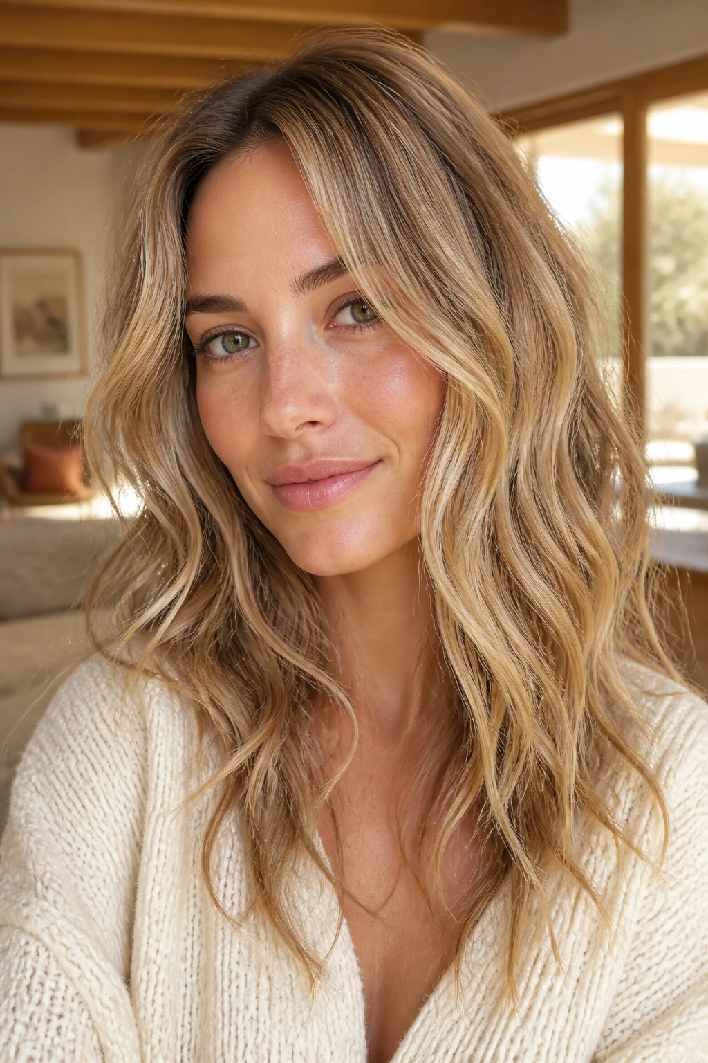 Close-up portrait of a woman with biscotti blonde air-dry layers in warm light