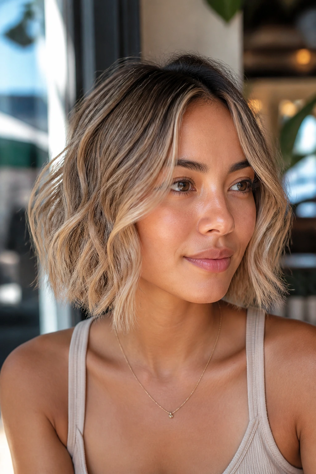 Close-up of real woman with biscotti blonde textured bob in warm daylight