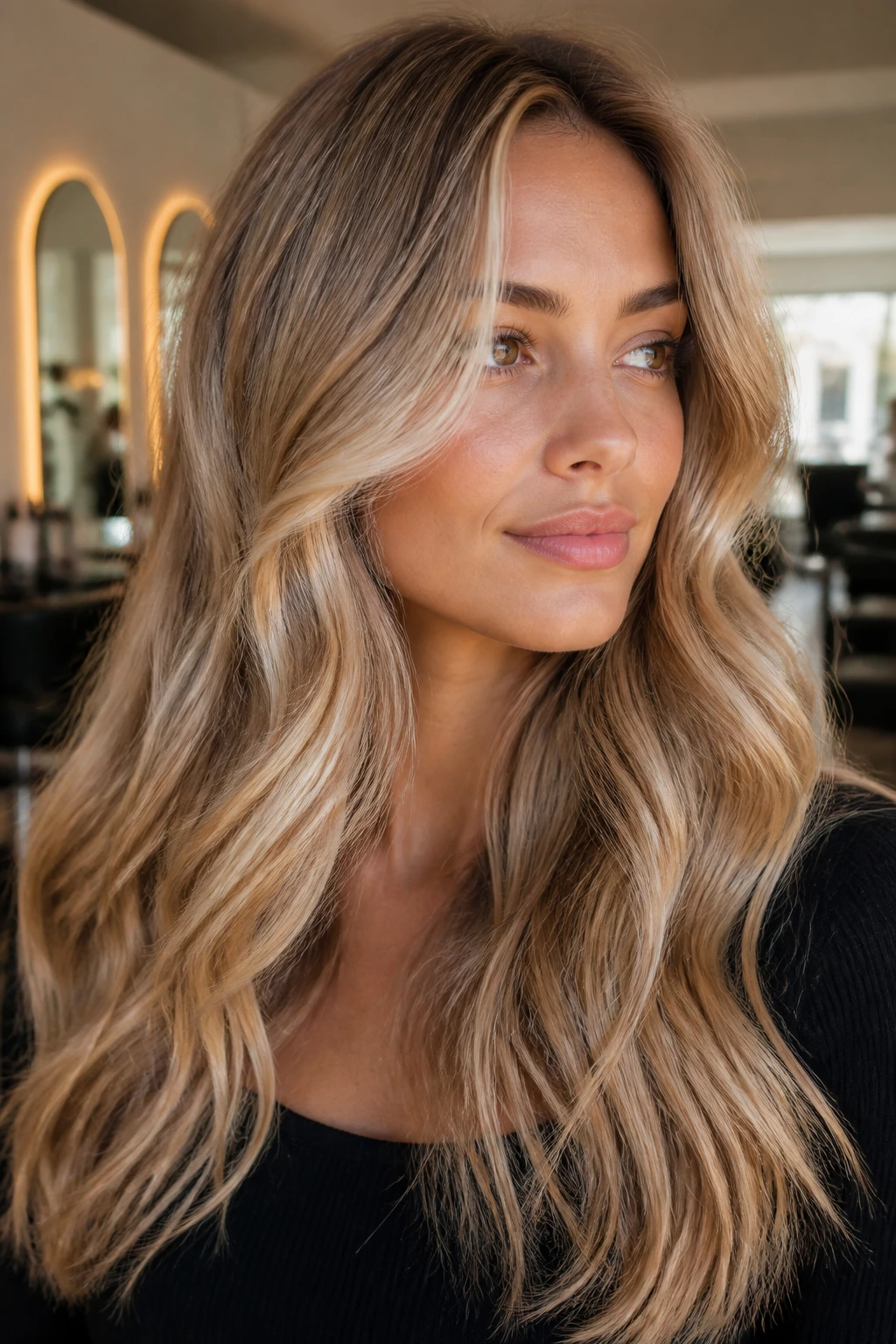 Close-up of biscotti blonde hair with beige caramel and soft gold tones