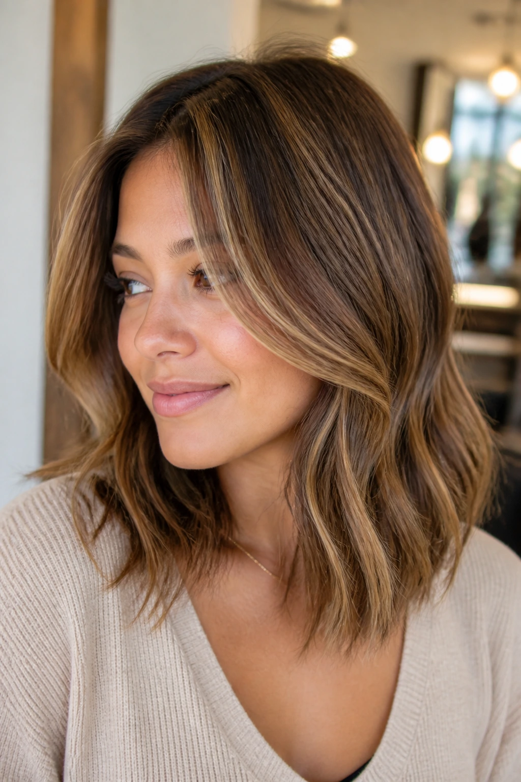 Close-up of biscotti brown hair with airy dimension and scattered caramel highlights