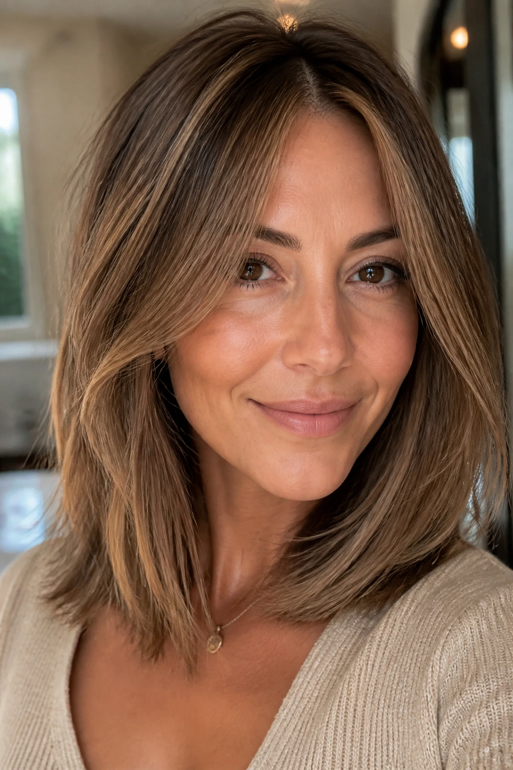 Close-up of biscotti brown hair with soft dimension on a real woman
