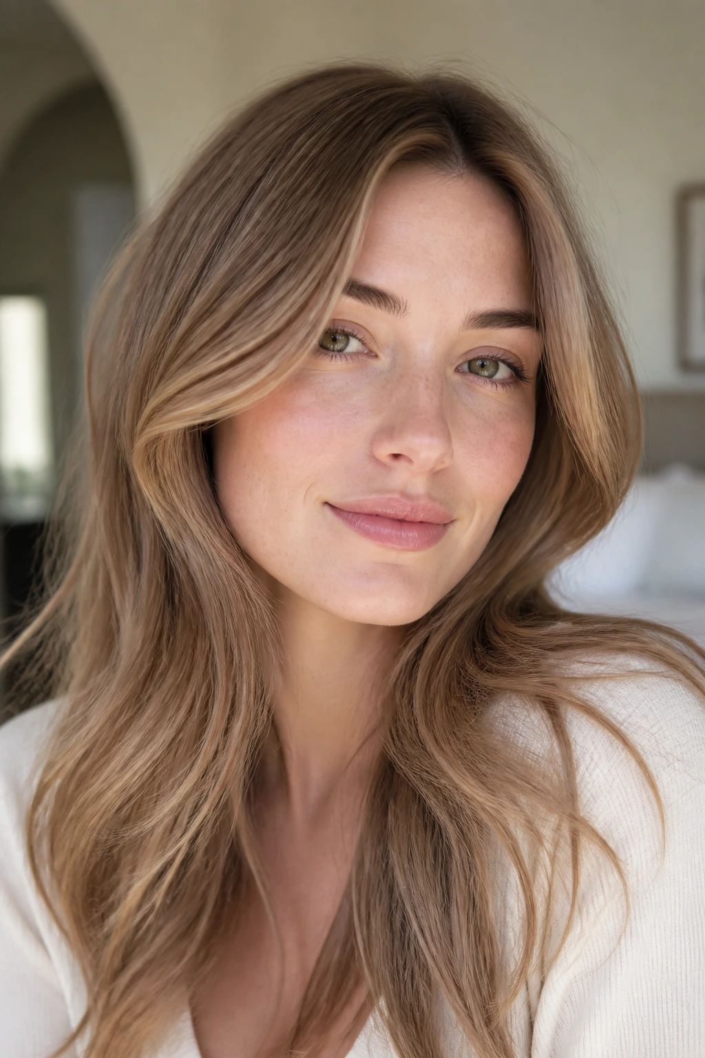 Close-up of a real woman with creamy beige-brown biscotti brunette hair in sunlight