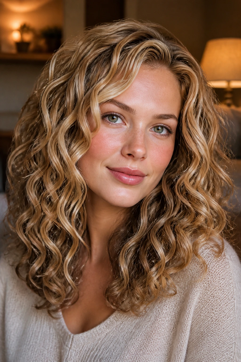 Close-up of biscotti blonde curls with mocha lowlights on a real woman