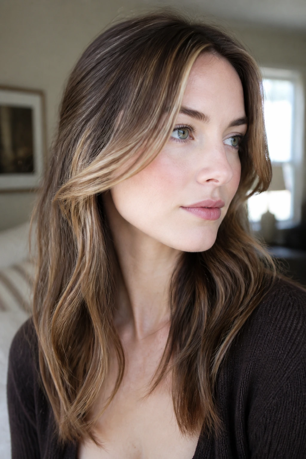 Close-up portrait of a real person with biscotti curtain pieces along the face