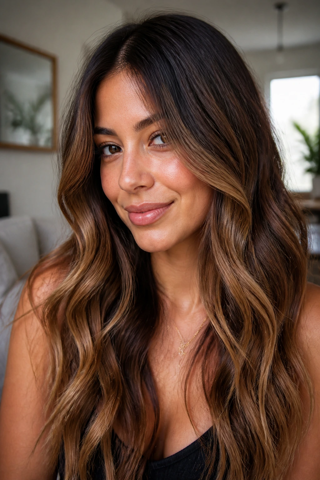 Close-up of biscotti gloss balayage on brunette hair on real person