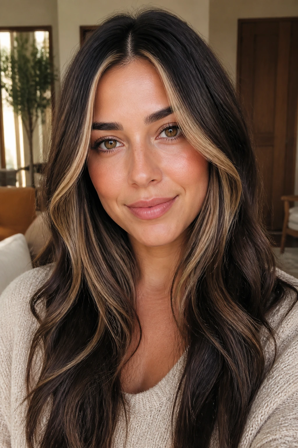 Face-framing biscotti highlights on dark brunette hair.