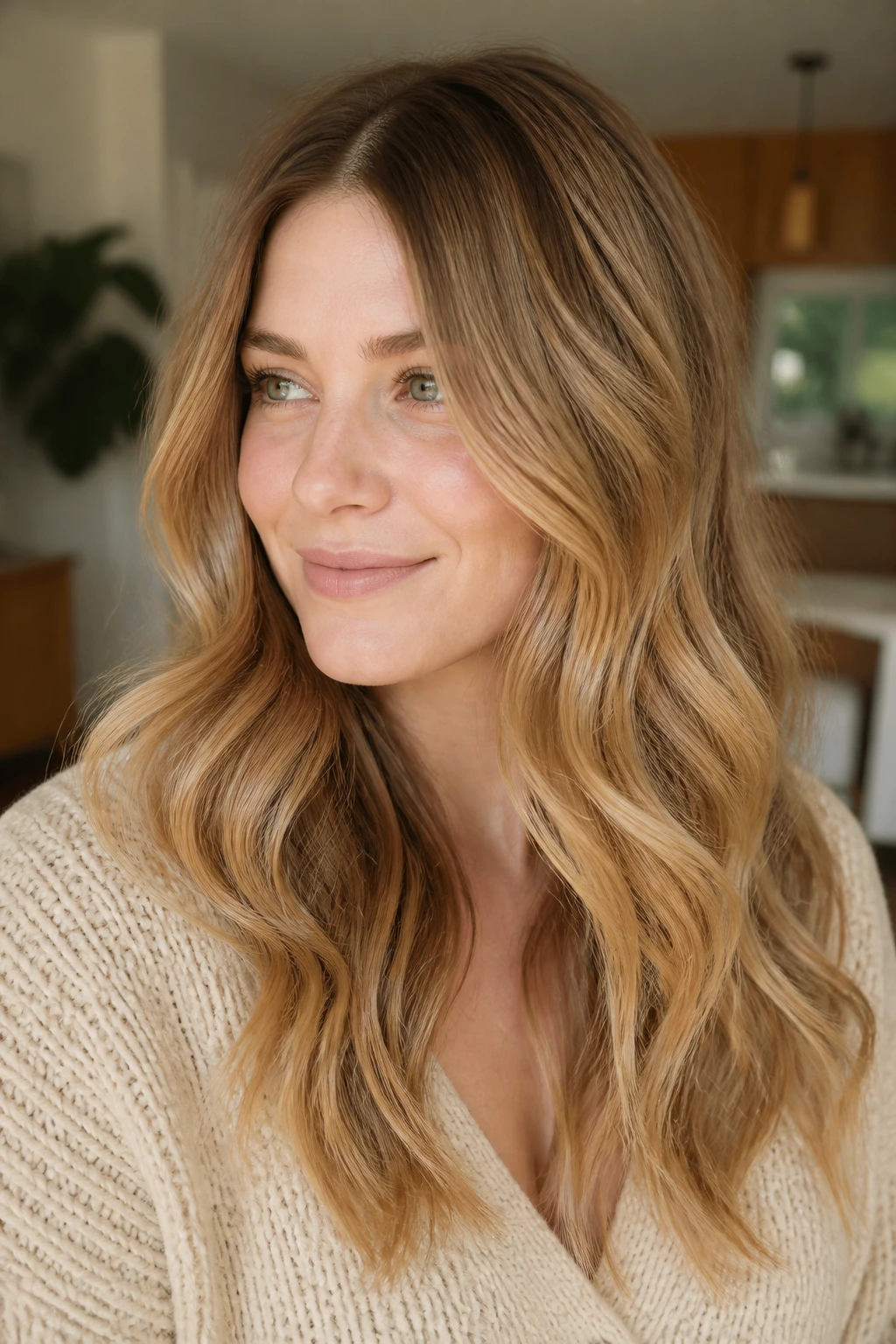 Portrait of woman with warm biscotti honey in layered waves