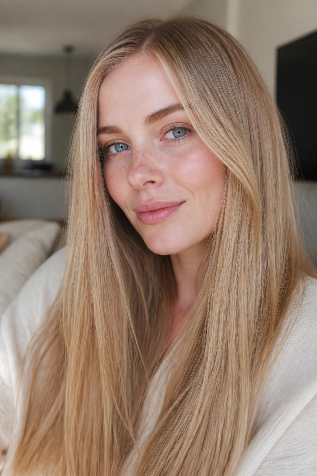 Close-up of a fair-skinned woman with biscuit blonde blend in straight hair