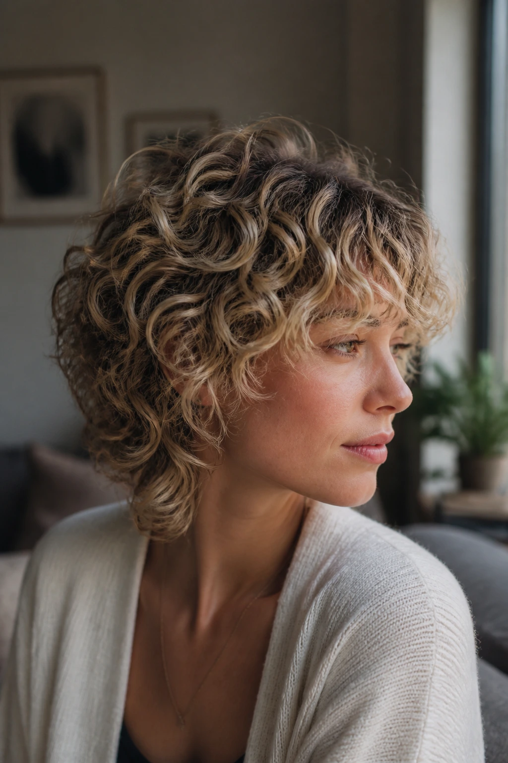 Close-up of curly shag with biscuit blonde lights following natural texture