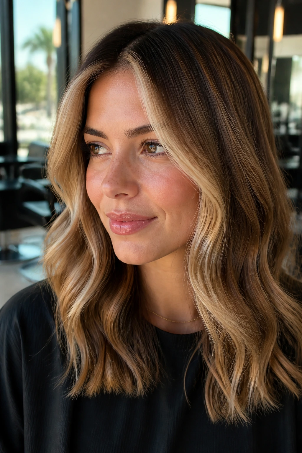 Close-up portrait of a real woman with a biscuit blonde face frame on brunette hair in warm salon light