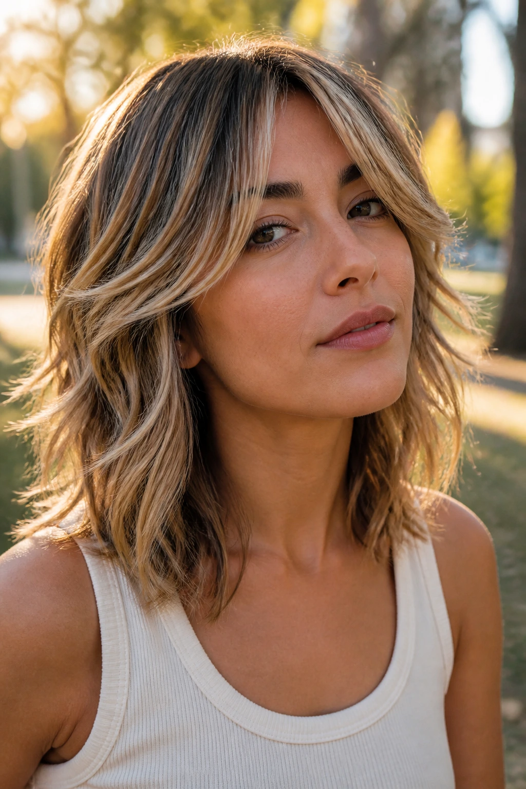Close-up of a real person with shaggy shoulder-length cut and biscuit blonde ribbons