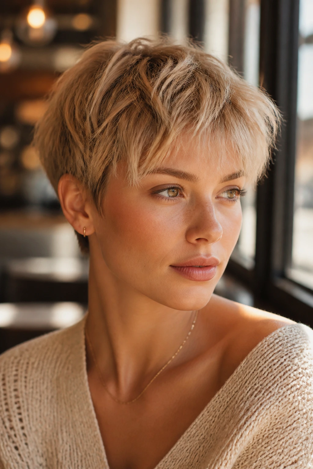 Portrait of a real woman with a biscuit blonde textured crop and soft layers in warm light