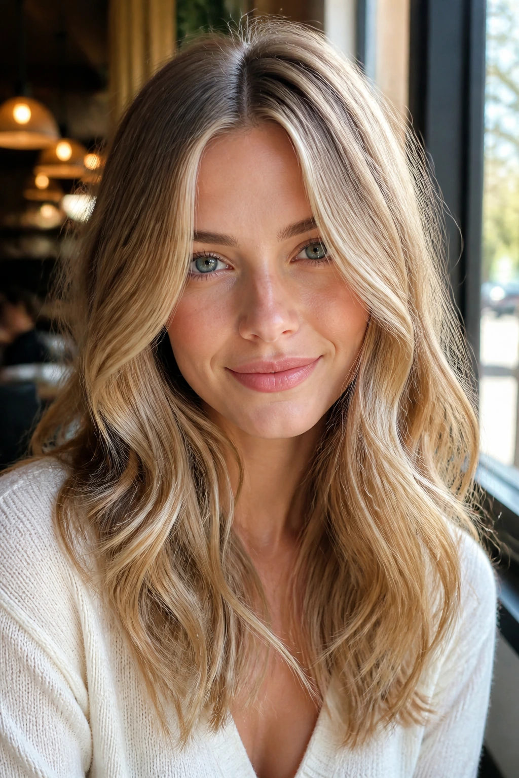 Biscuit blonde waves hairstyle on a real person with soft layers