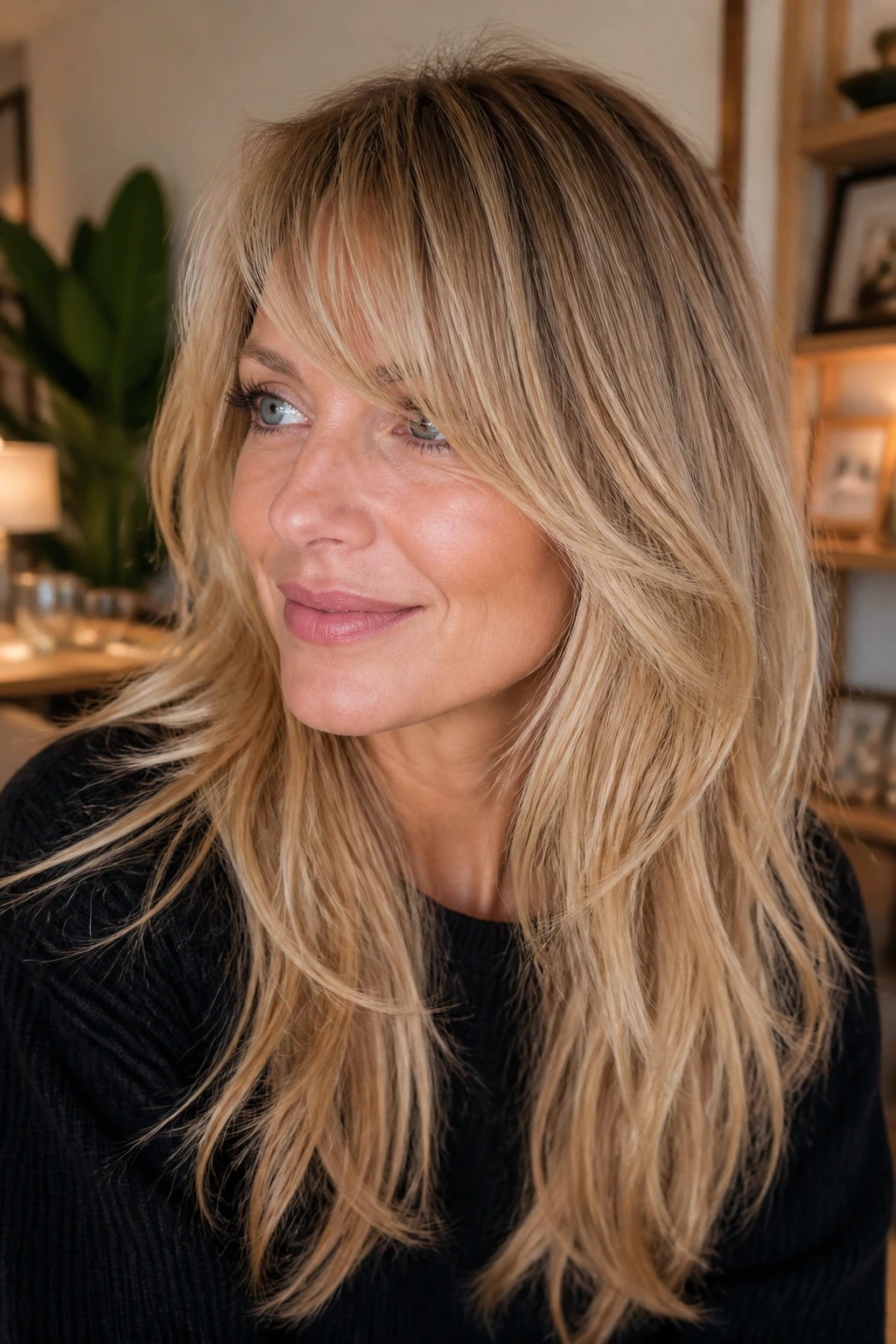 Close-up of a real woman with Lived-In Bisque Blonde Layers and loose side-swept bangs.