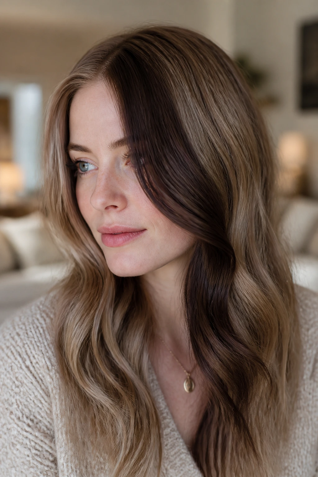 Close-up of a real woman with a bitter chocolate side panel slicing through the front hair.