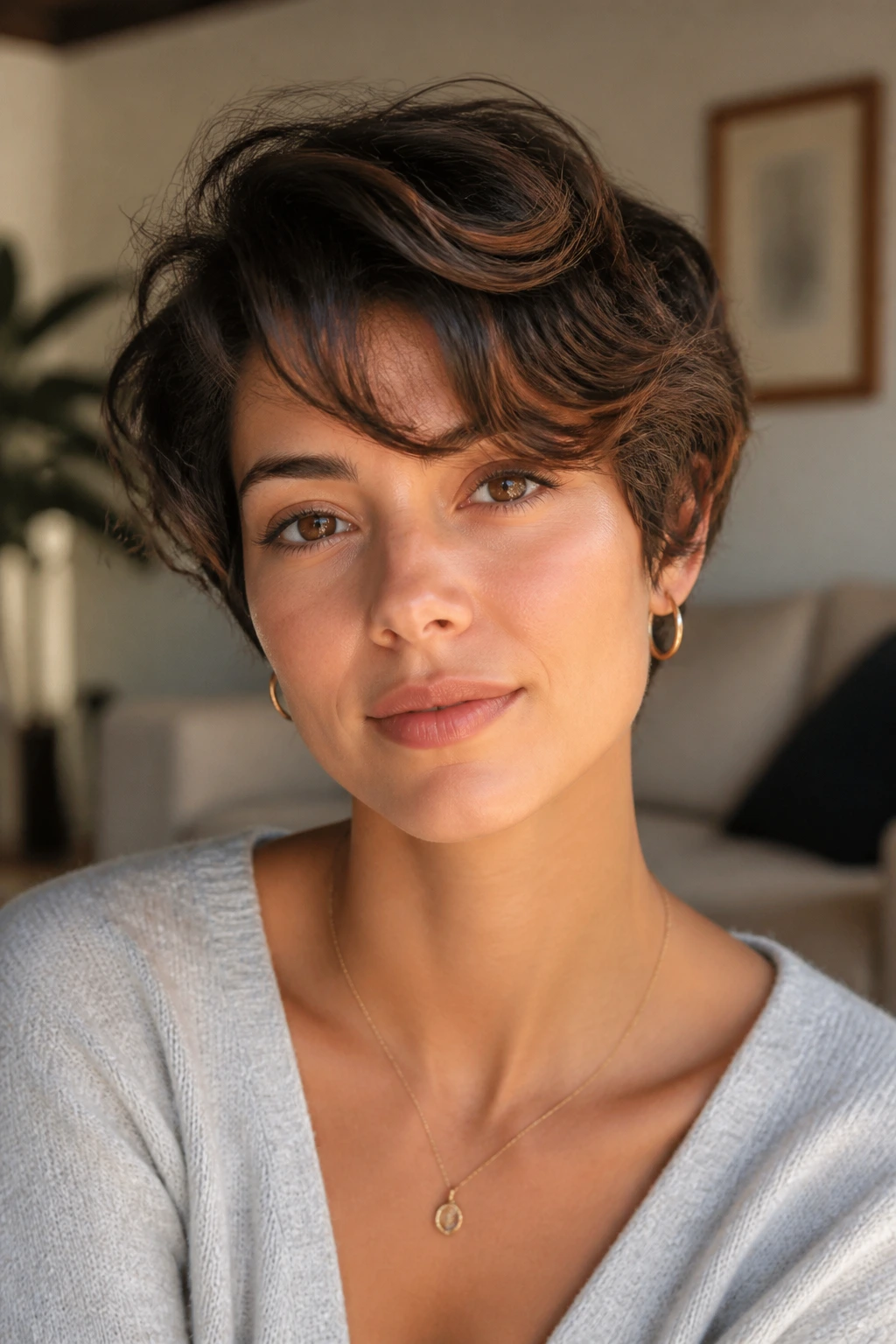 Close-up of a real person with bixie haircut and airy side fringe