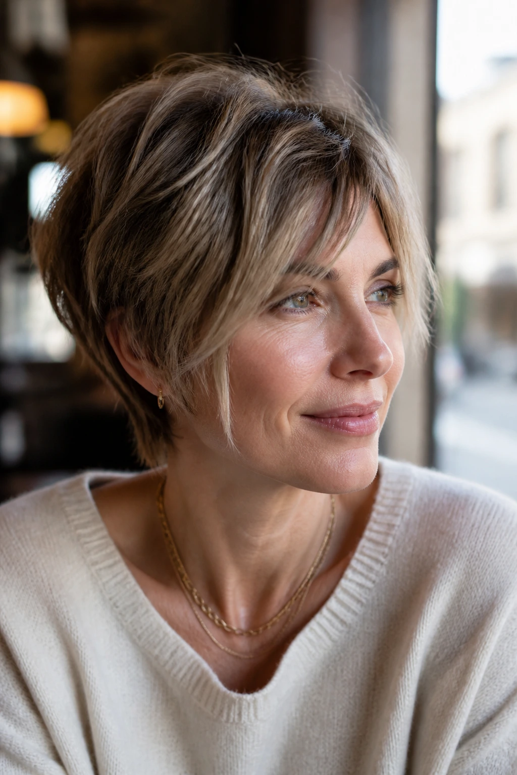 Real woman with a bixie cut and angled layers in a cafe setting.
