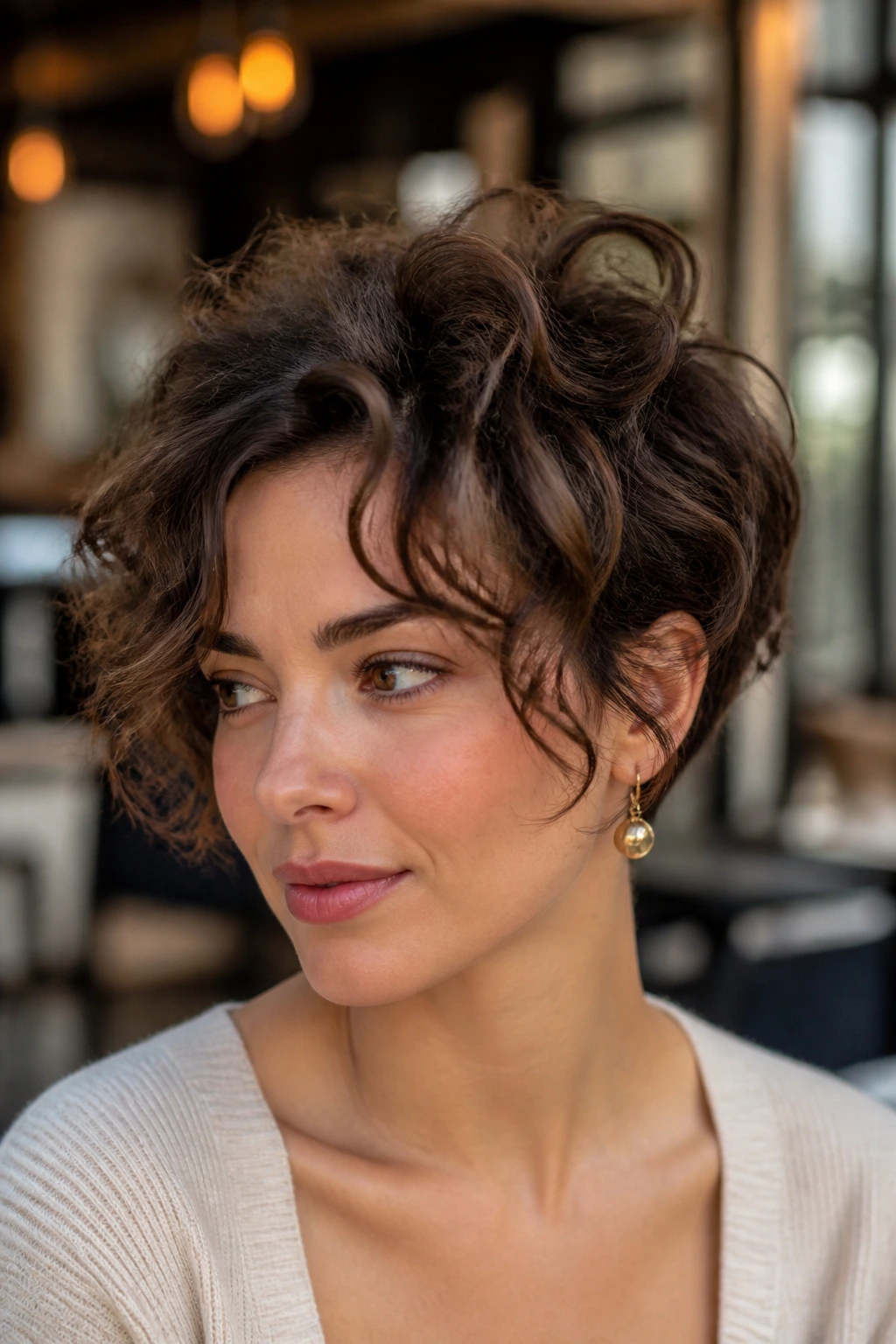 Portrait of a real woman with a crown-lifted Bixie-Bob Blend hairstyle.