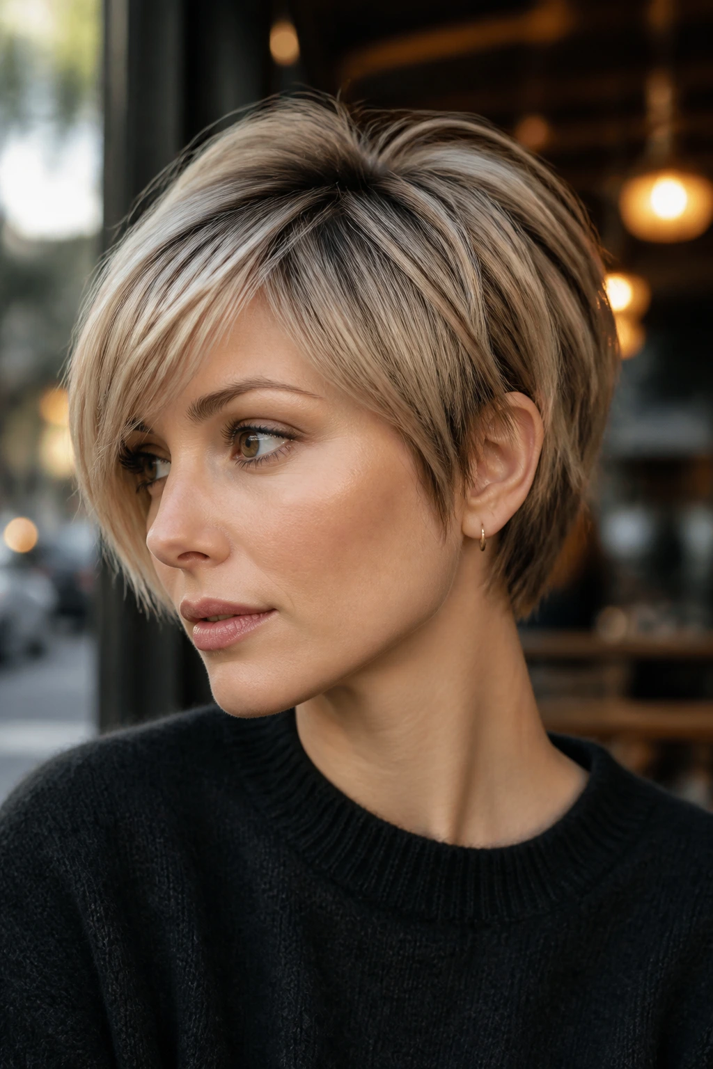 Real woman with bixie bob showing softened temples and cheeks.
